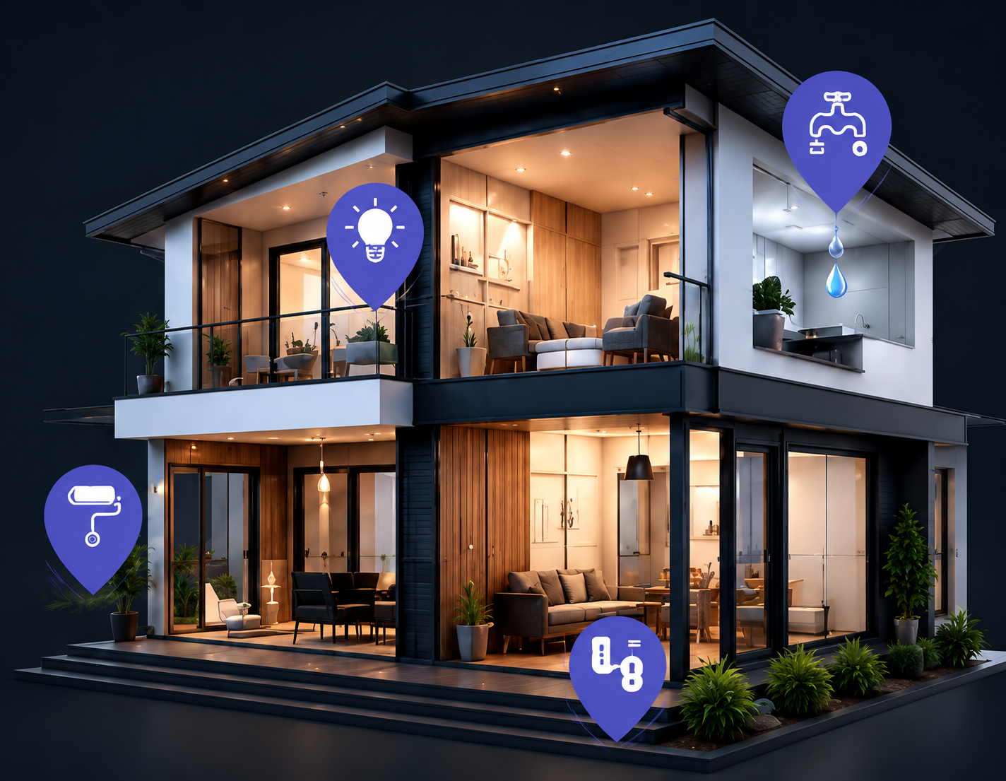 Casa moderna iluminada com marcadores de servicos residenciais